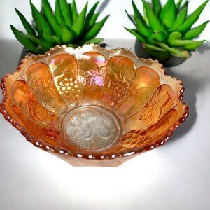 Vintage Marigold Carnival Glass Grapes Candy Dish 6"x2.5"